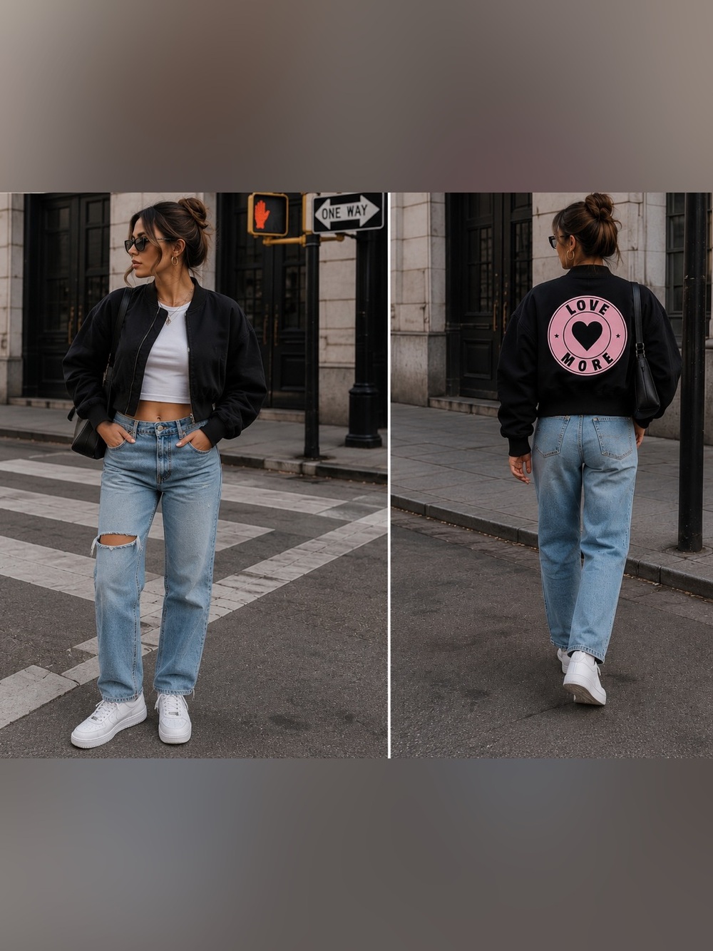 Graphic love Bomber Jacket Black Cropped Y2K Varsity Small heart graphic